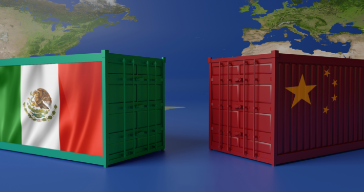 Mexico and China flags displayed on shipping containers against a global map background